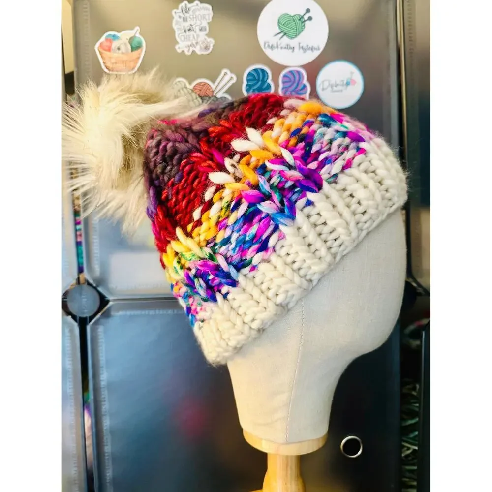 Handmade Neon Merino Wool Beanie: Colorful Winter Hat with Faux Fur Pom